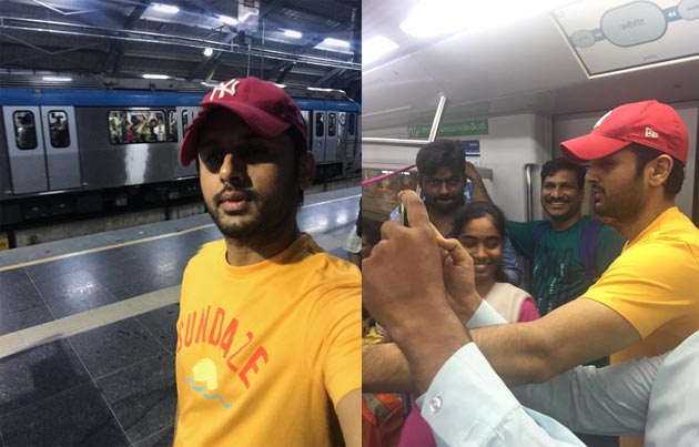 Pics: Nithin Takes Metro Train to Beat Road Traffic