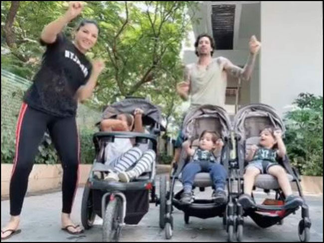 Sunny Leone Tries To Entertain Her Babies!