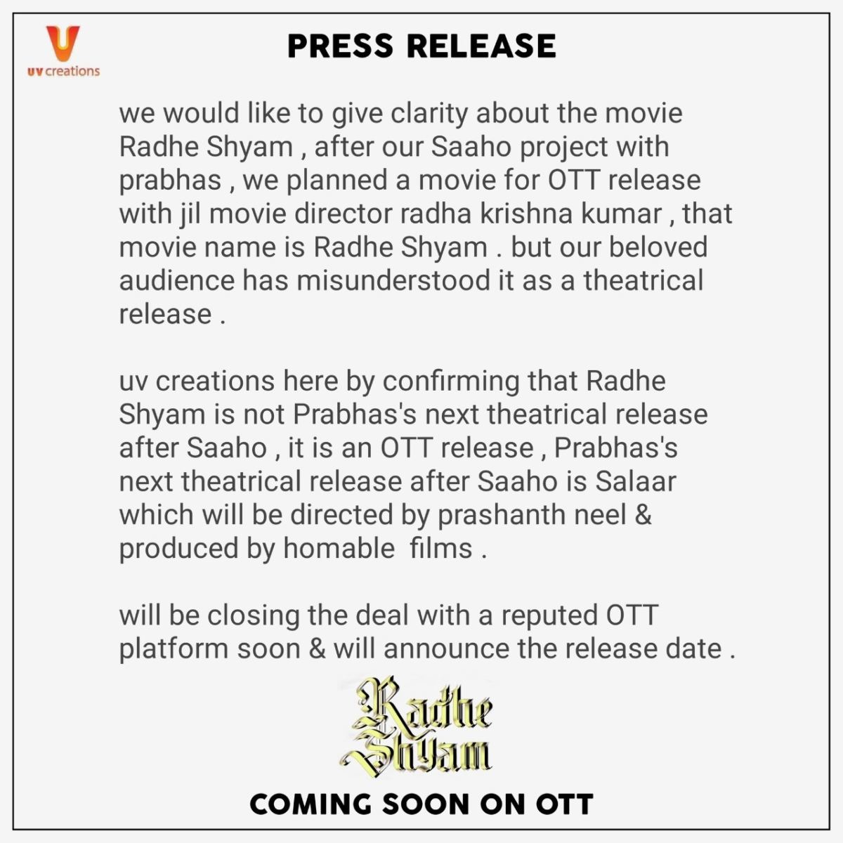 Radhe Shyam: Prabhas’s fans ridicule UV Creations with press note hoax