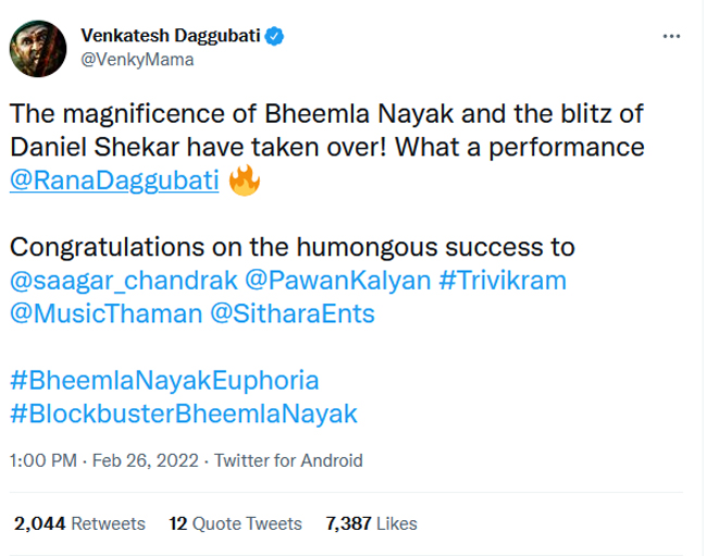 Venky Mama Especially Praises Rana In His Congratulatory Tweet!