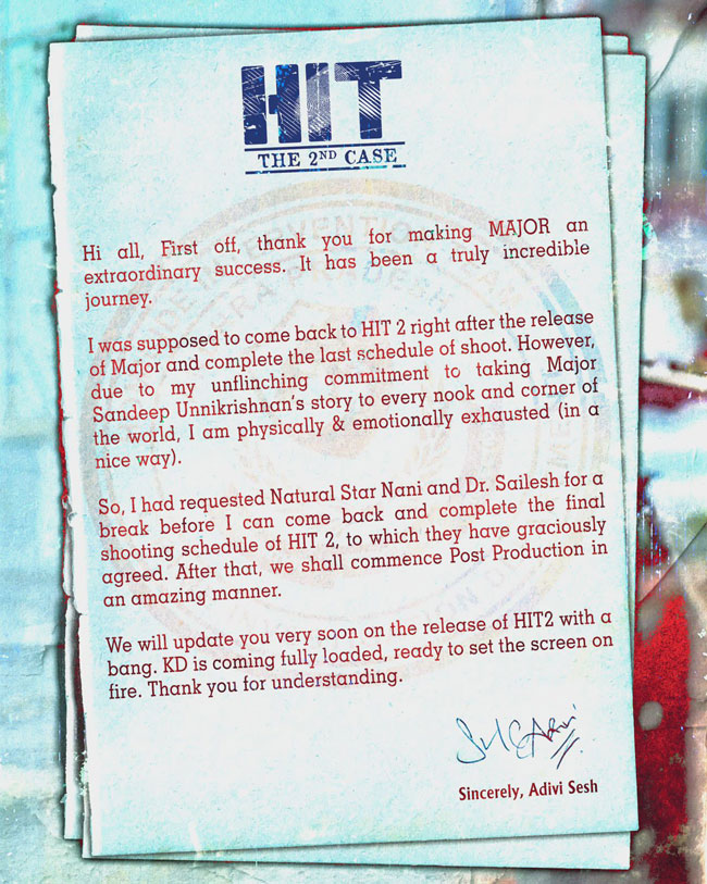 Adivi Sesh announced that last schedule of HIT 2 begins soon